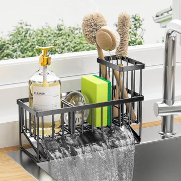 Kitchen Sink Caddy Organizer – 304 Rustproof Stainless Steel with Tall Brush Holder, Sponge Holder, and Countertop Soap Dispenser Storage