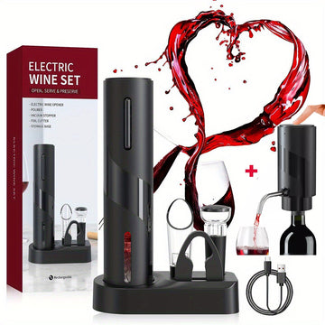 Rechargeable Electric Wine Opener Set with Vacuum Stopper, Foil Cutter & Pourer