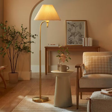 Pleated Shade Metal Floor Lamp – Cream & Brass with LED Bulb