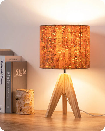Rustic Wooden Tripod Table Lamp with Bark Linen Shade