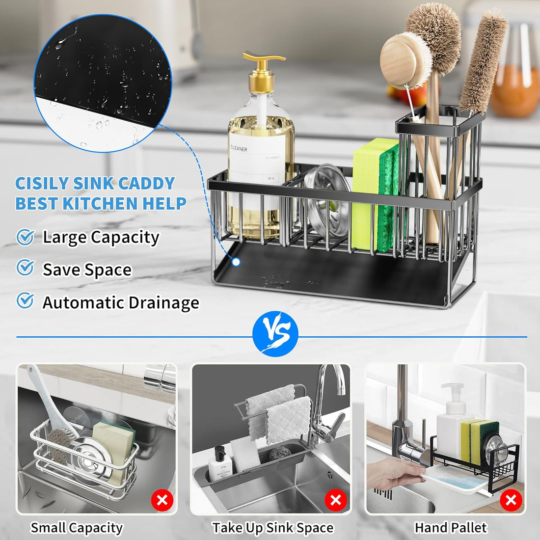 Kitchen Sink Caddy Organizer – 304 Rustproof Stainless Steel with Tall Brush Holder, Sponge Holder, and Countertop Soap Dispenser Storage
