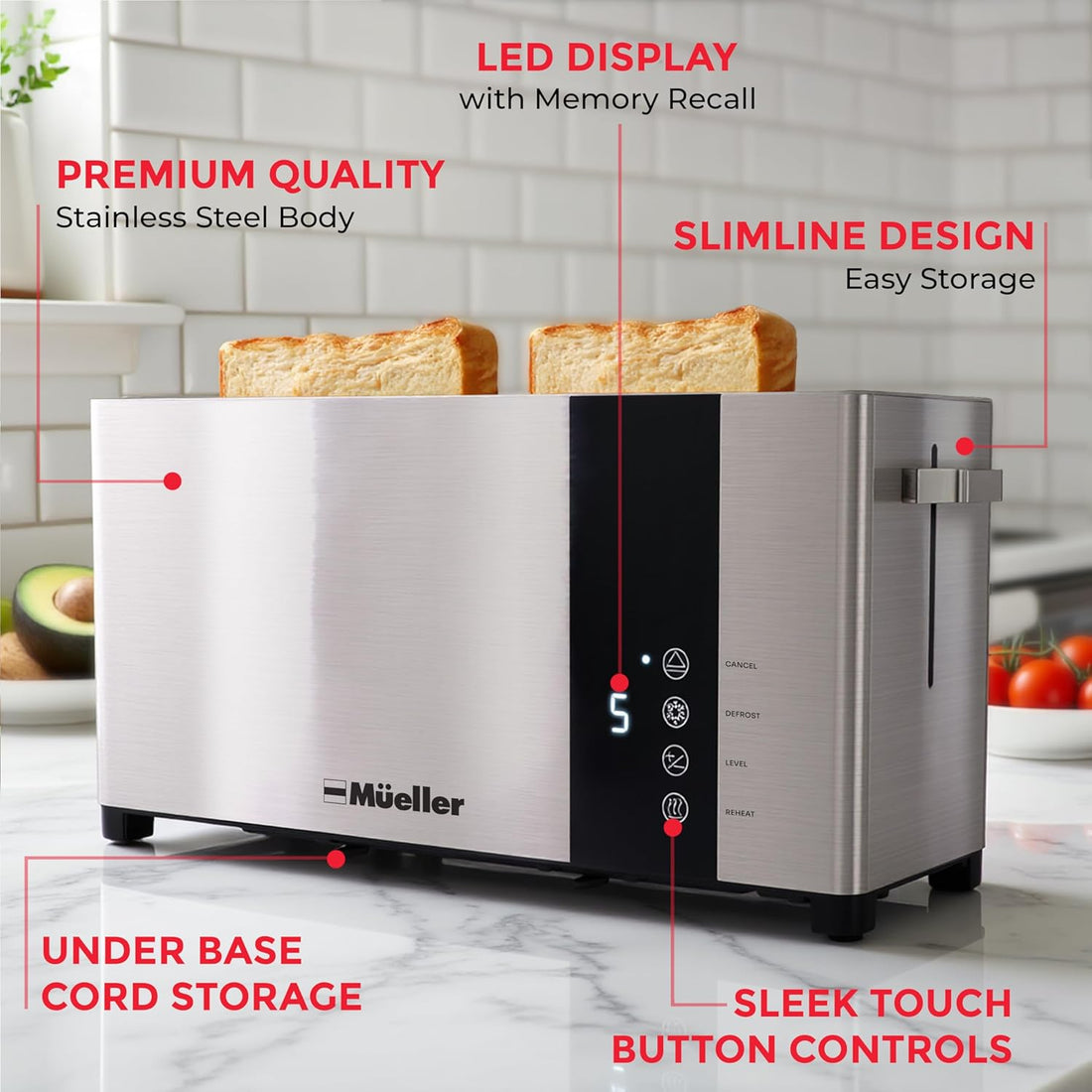 UltraToast 2-Slice Stainless Steel Toaster – Long Extra-Wide Slots with Removable Crumb Tray.