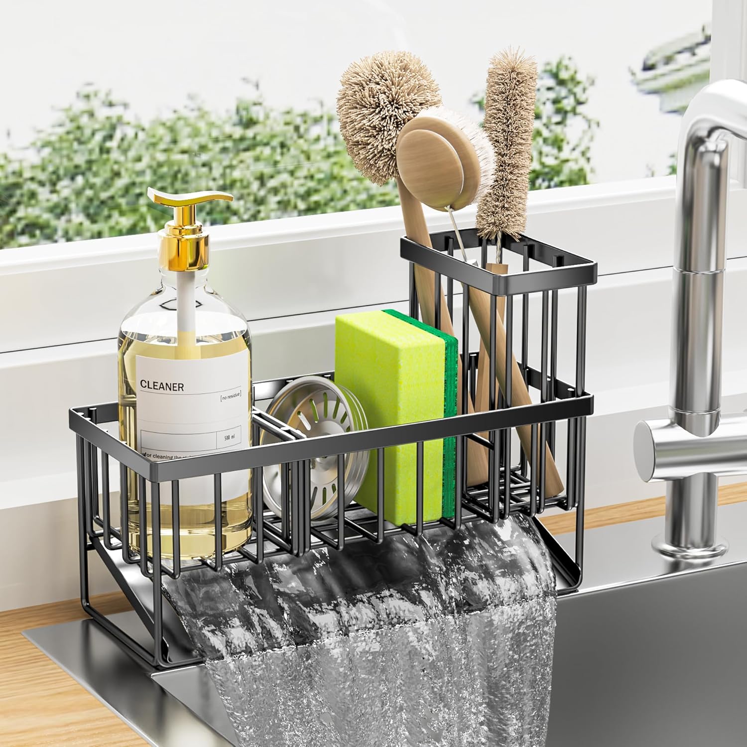 Kitchen Sink Caddy Organizer – 304 Rustproof Stainless Steel with Tall Brush Holder, Sponge Holder, and Countertop Soap Dispenser Storage