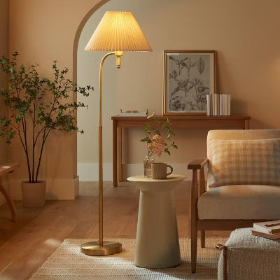 Pleated Shade Metal Floor Lamp – Cream & Brass with LED Bulb