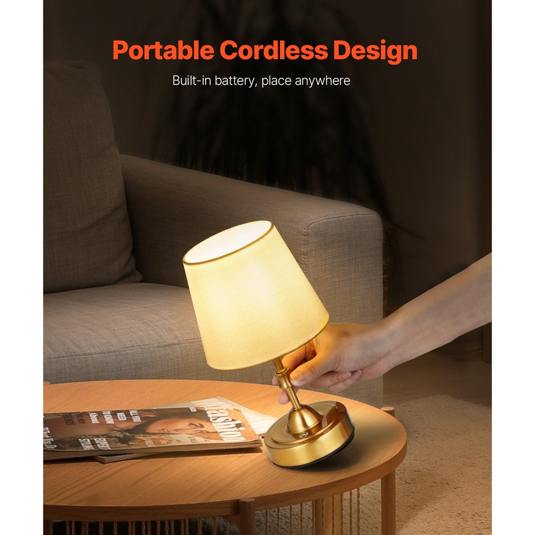 Cordless Rechargeable Table Lamp – Small Gold Desk Lamp with Fabric Shade