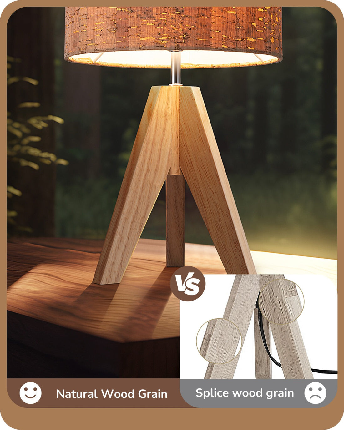Rustic Wooden Tripod Table Lamp with Bark Linen Shade