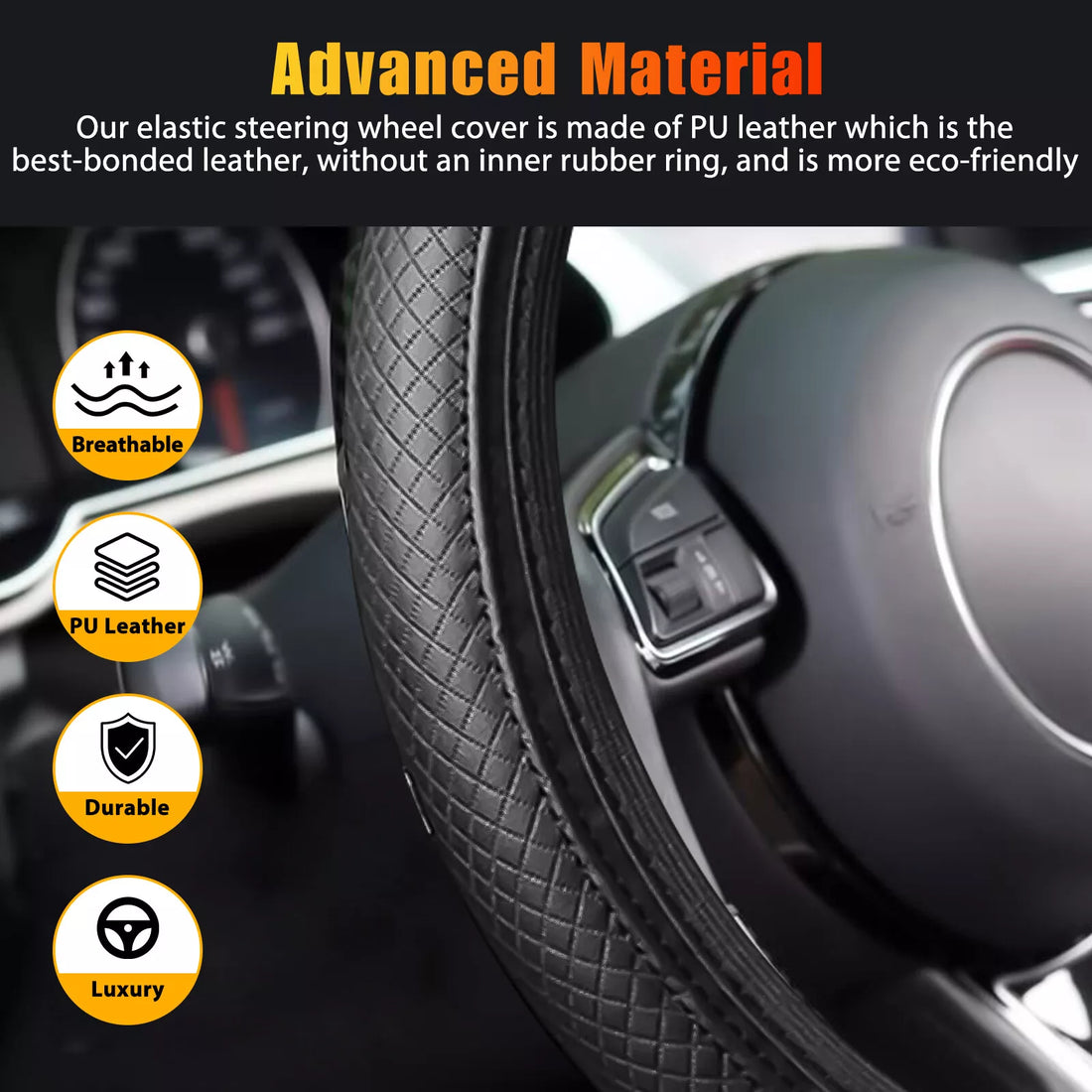Universal PU Leather Car Steering Wheel Cover – Non-Slip, 15''/38cm