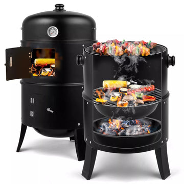 3-in-1 Charcoal Smoker BBQ Grill – Portable Outdoor Vertical Meat Cooker