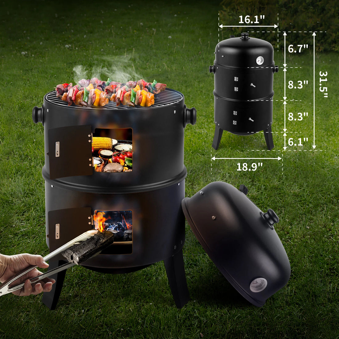 3-in-1 Charcoal Smoker BBQ Grill – Portable Outdoor Vertical Meat Cooker