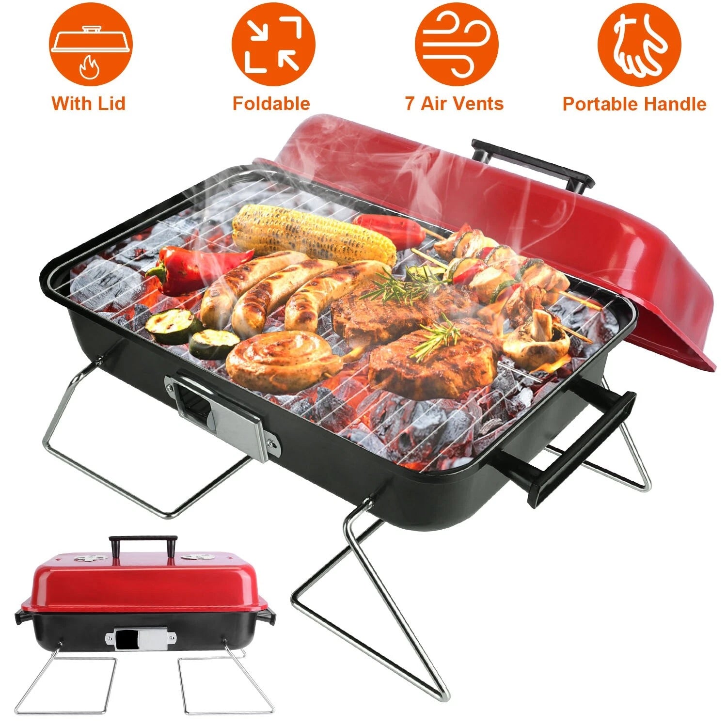 Portable Tabletop Charcoal Grill with Lid – Outdoor Camping BBQ & Smoker