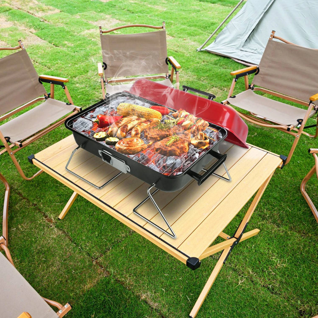 Portable Tabletop Charcoal Grill with Lid – Outdoor Camping BBQ & Smoker