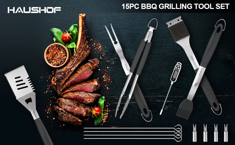 15-Piece BBQ Grill Accessories Set – Stainless Steel Barbecue Utensils
