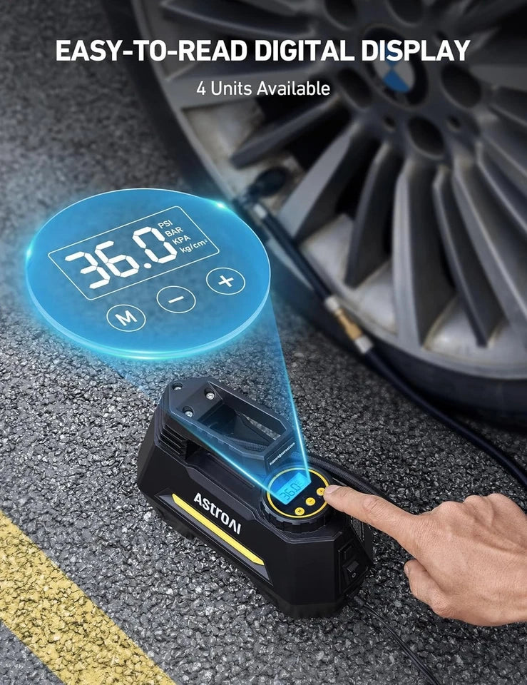 Portable 12V DC Tire Inflator – Yellow Air Pump with Digital Gauge & Emergency LED Light